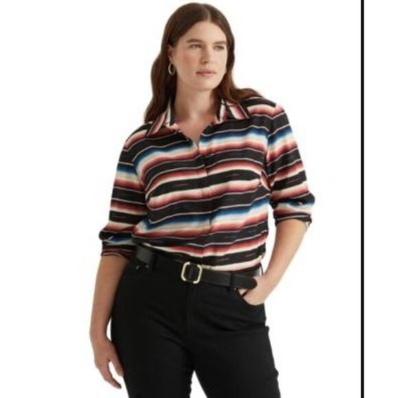 Ralph Lauren LRL Womens Plus 1X Southwestern Blanket Striped Button Up Shirt Top - Picture 2 of 9